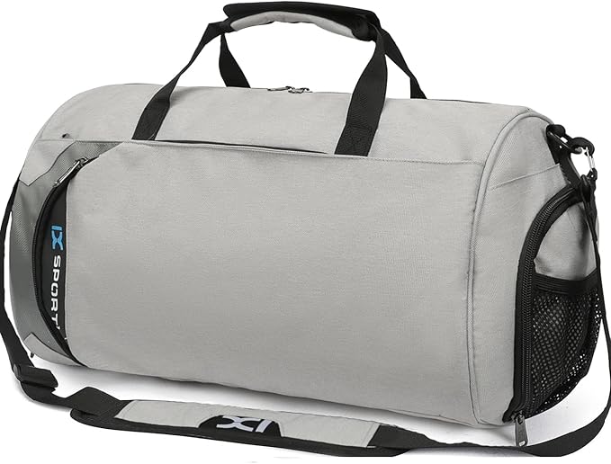 INOXTO Small Sports Gym Bag，Travel Duffel Bag with Dry Wet Pocket and Shoes Compartment for Women and Men，35L Waterproof Weekender Fitness bag For Swim Sports Travel Working Out (light grey 2)