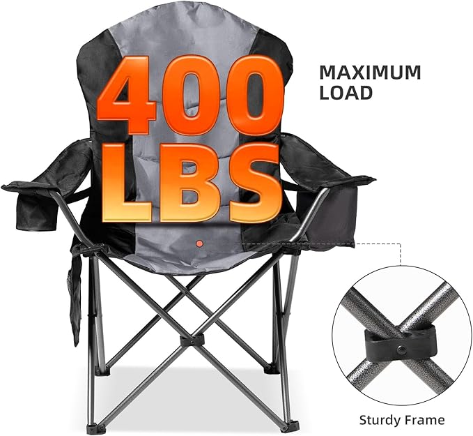 2 Pack Folding Camping Chairs for Adults - High Back Padded Outdoor Lawn Chairs with Lumbar Support & Cup Holder, 400lbs Heavy Duty Portable Camping Chairs Set (Black & Light Gray)