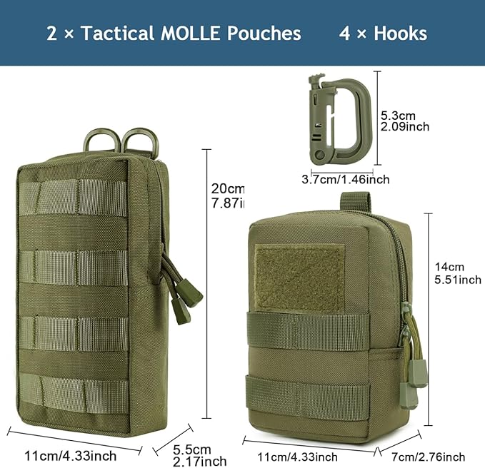 MUCHER 2 Pack Molle Pouches Tactical Pouches EDC Pouch Organizer Molle Bag Utility Pouch with 4 Carabiners for Outdoor Hiking Hunting Camping Training
