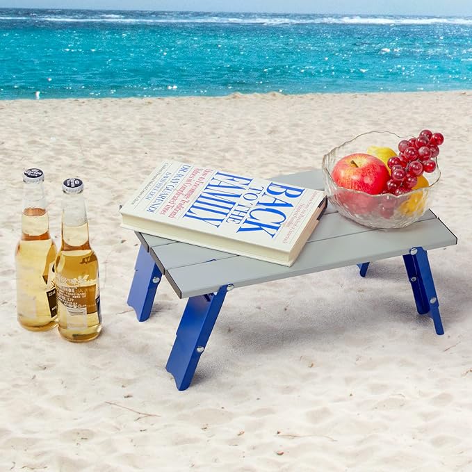 PORTAL Folding Mini Small Beach Table, Portable Aluminum Beach Table with Retractable Legs and Carry Bag for Outdoor Picnic/Cooking/Camp/Travel/Beach,15" L x 8" W x 6" H, Silver/Blue