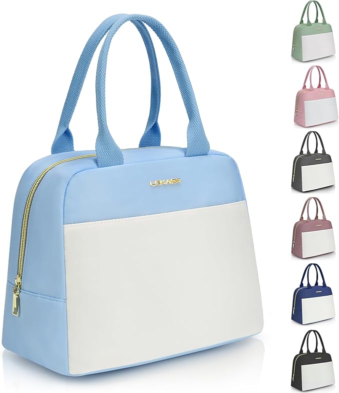LOKASS Lunch Bag for Women-Insulated Adults Lunch Box with Front Pocket- Small Cute Lunch Tote for Work-Reusable Cooler Bag for Office Picnic Beach or Travel (Sky Blue)