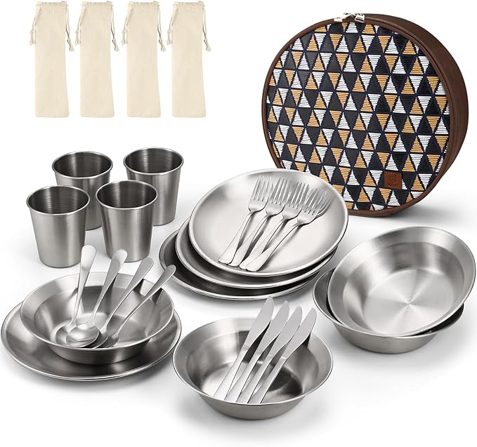 Odoland Camping Complete Messware Kit, Polished Stainless Steel Camp Dinnerware, Camping Cooking Tableware, Cutlery Organizer Utensil with Plates and Bowls Set for Backpacking, Hiking, Picnic