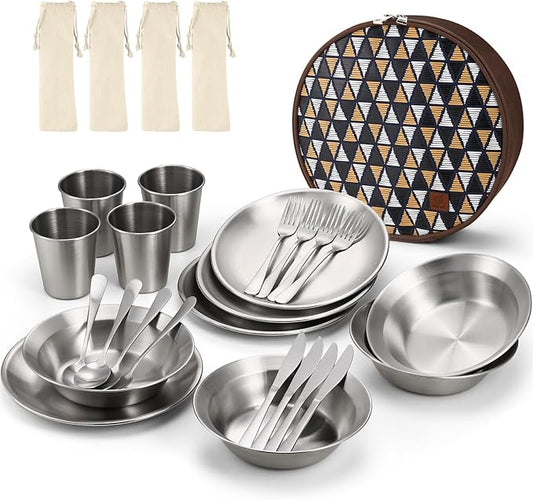 Odoland Camping Complete Messware Kit, Polished Stainless Steel Camp Dinnerware, Camping Cooking Tableware, Cutlery Organizer Utensil with Plates and Bowls Set for Backpacking, Hiking, Picnic