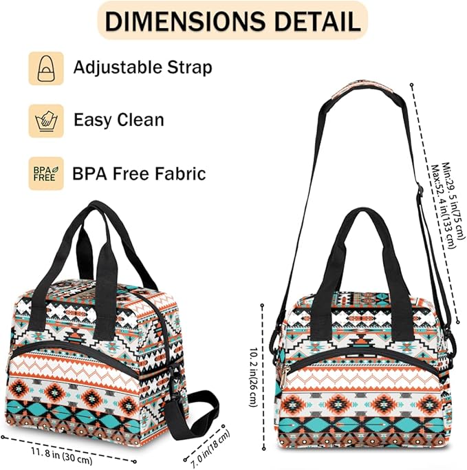 Western Style Insulated Lunch Bags for Women Men Adult Ethnic Aztec Geometric Reusable Lunch Tote Therma Cooler Bag with Shoulder Strap Lunch Box for School Work Office Picnic Meal Prep Bag