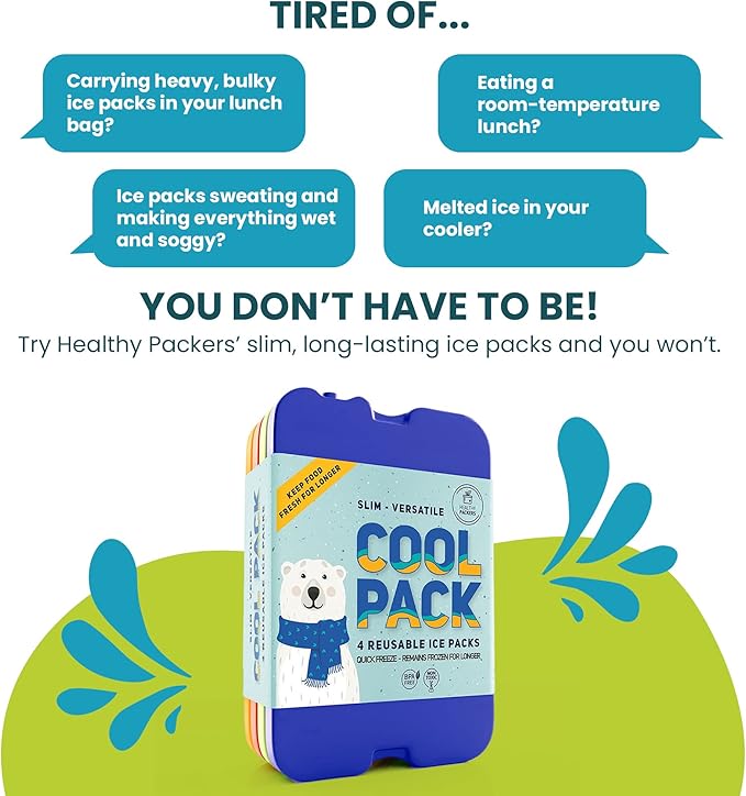 Healthy Packers Slim & Long-Lasting Reusable Ice Packs for Lunch Bags and Cooler Bags (Set of 4)