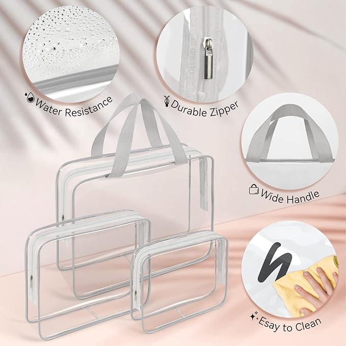 TISRATOK 10 PCS Clear Travel Makeup Toiletry Bag, Plastic PVC Cosmetic TSA Approved Organizer Kit with Zipper Handbag（Grey）