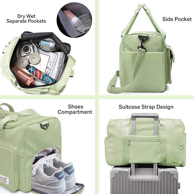 Travel Duffel Bag with Shoes Compartment Sports Gym Bag with Dry Wet Separated Pocket for Men and Women, Overnight Bag Weekender Bag Training Handbag Yoga Bag - Green