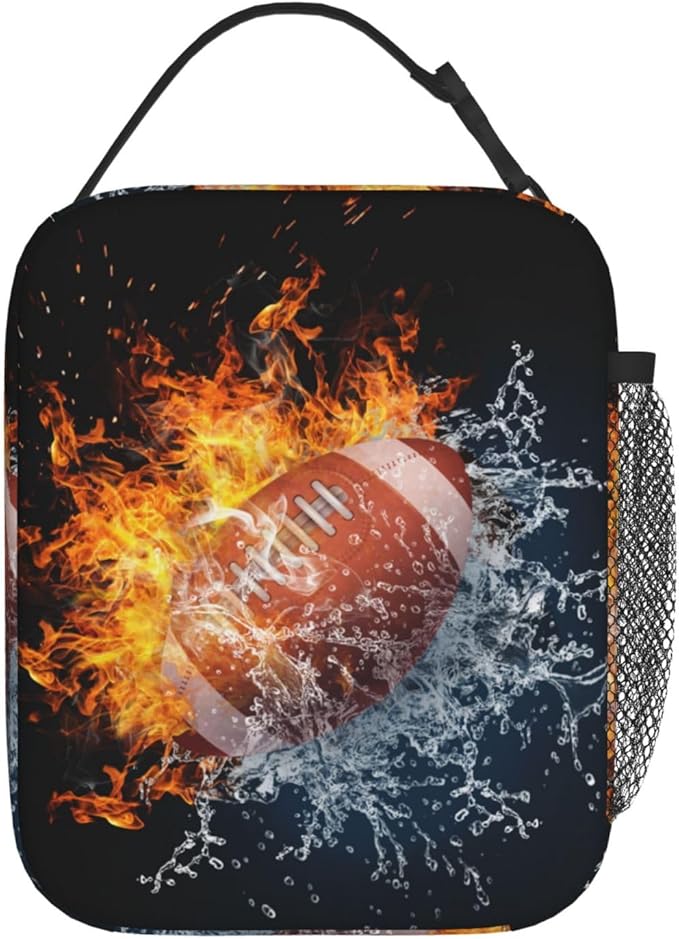 American Football Lunch Bag For Boys Girls, Reusable Fire Water Sport Lunch Box Insulated Portable Lunch Tote For Kids School Men Women Adults Work Travel