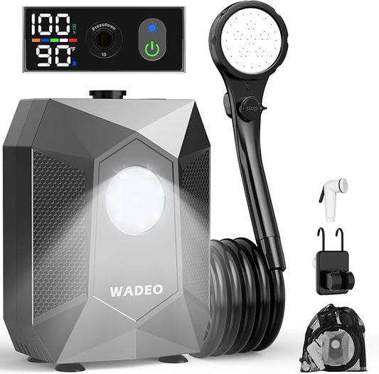 WADEO Portable Shower, 6000mAh Rechargeable Camping Shower Pump with Camping Light, 5 Spray Modes, Fahrenheit Display, IPX8 Waterproof, Ideal for Outdoor Camping, Travel, Car Washing, Pet Bathing
