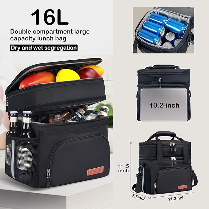 Lunch Box For Men/Women,Large Double-layer Insulated Expandable Reusable Leakproof Cooler Bags For Adults,Lunch Bag With Adjustable Shoulder Strap For Office Travel Picnic（Black）