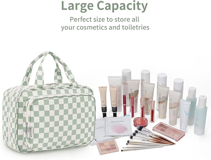 Narwey Travel Toiletry Bag for Women Large Hanging Makeup Bag Organizer Toiletries Bag for Full Size Essentials Accessories Cosmetics (Mint Green Checkerboard (Large))
