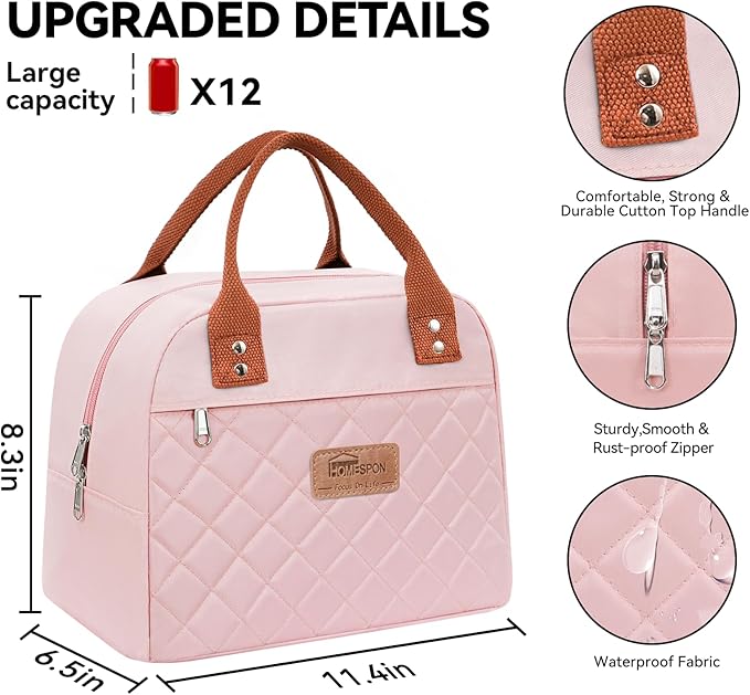 HOMESPON Insulated Lunch Bag for Women Men Adults Lunch Tote with Front Pocket Lunch Box Container Cooler Bag for Work Picnic (Pink)