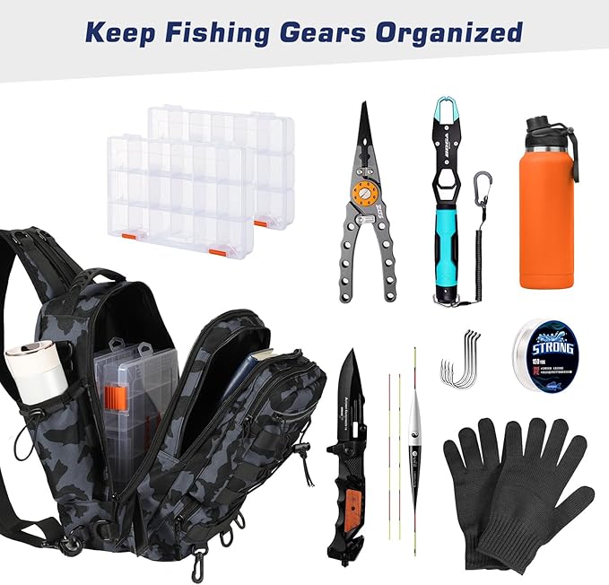 MoKo Fishing Backpack Sling Bag with Rod & Gear Holder, Nylon Waterproof Fishing Tackle Storage Bag for Fishing