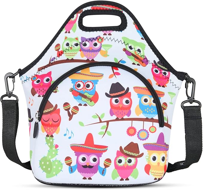 Violet Mist Owl 4 Neoprene Lunch Bag Reusable Insulated Cartoon Meal Holder with Adjustable Shoulder Strap, 12.6"L x 11.8"H x 6.3"W