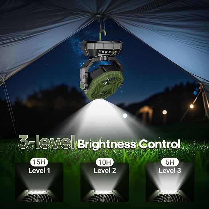 AJVV Camping Fan Rechargeable, Battery Powered Fan With Remote Controller, LED Light, Dual-Blade, Stepless Speed, 45°/90°/270° Swing,Timer, Portable fan For Travel Tent Bedroom Beach Fishing, Green