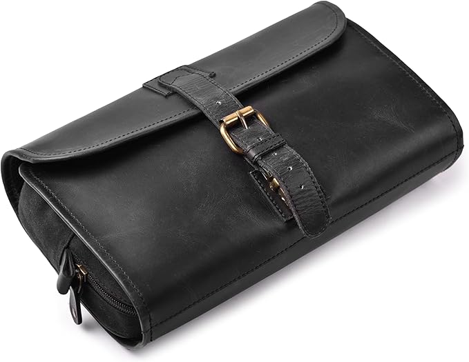 LEATHER VILLAGE Hanging Toiletry Bag for Men & Women, Handcrafted Vintage Cosmetic & Shaving Organizer Travel Dopp Kit- Black