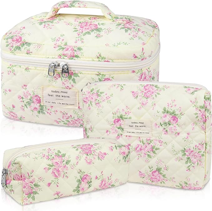 Makeup Bag Set, Quilted Makeup Bag, Large Floral Cosmetic Bag for Women, Cute Cotton Makeup Bags, Flower Travel Toiletry Organizer Bag (Pink Floer)