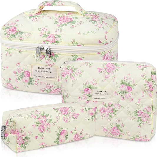 Makeup Bag Set, Quilted Makeup Bag, Large Floral Cosmetic Bag for Women, Cute Cotton Makeup Bags, Flower Travel Toiletry Organizer Bag (Pink Floer)