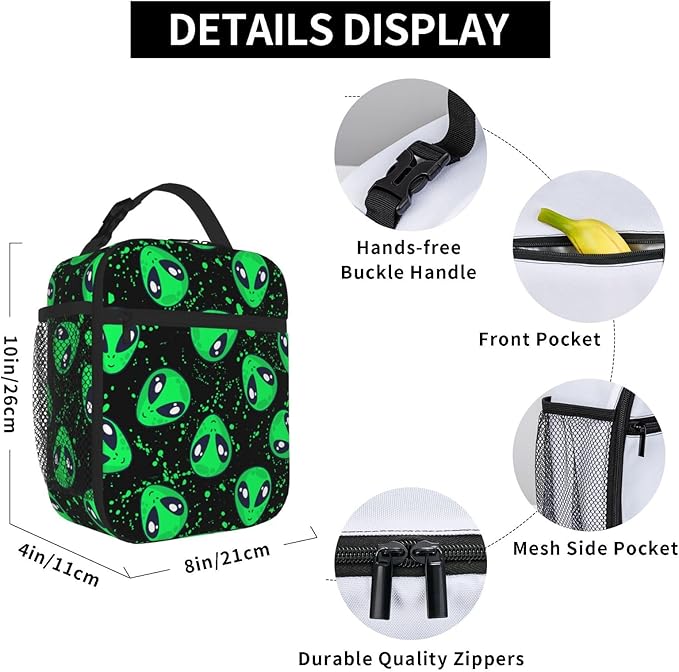Green Alien Fun Insulated Lunch Bag Reusable Cooler Lunch Box Portable Leakproof Thermal Container Tote Bags for Girls Boys School Travel