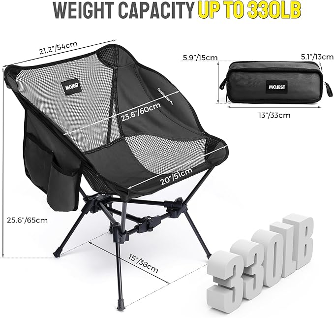 Portable Camping Chair – Compact Lightweight Folding Chair for Adults, Supports 330 lbs – Ideal for Backpacking Hiking, Fishing, Beach, Picnic & Lawn (2 Pack, Black)