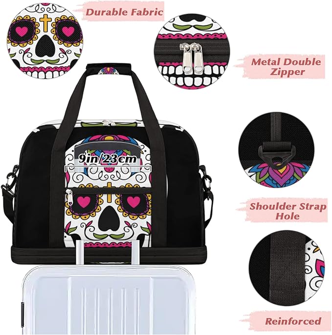 Sugar Skull Mexican Foldable Travel Duffel Bag Tote Carry On Luggage Sports Gym Bag With Shoe Compartment For Woman Man Overnight Weekend Yoga Workout Bag Training Handbag