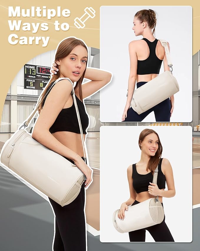 Small Women's Workout Bag - Waterproof Mini Duffle Gym Bag with Wet Pocket - Carry On Weekender for Dance, Swimming, Yoga, Fitness - White