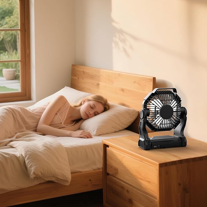 Battery Powered Fan Camping Rechargeable, Portable Outdoor Battery Operated Fan with 4 Light, 270° Pivot, and Hook