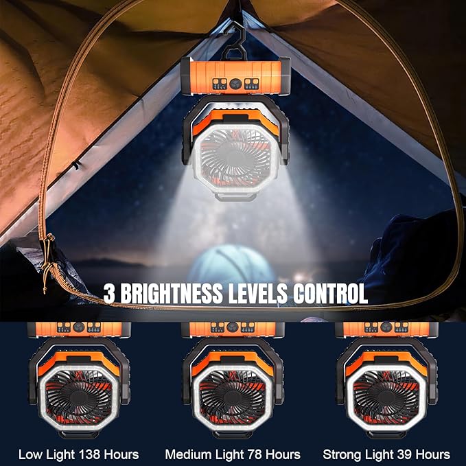 KEPEAK Rechargeable Camping Fan with LED Light, 20000Ah Battery Operated Powered Fan, 72H Runtime, Remote Control, 5.3m Airflow, Ultra-Quiet Portable Fan for Tents, Outdoor, Camping(Orange)
