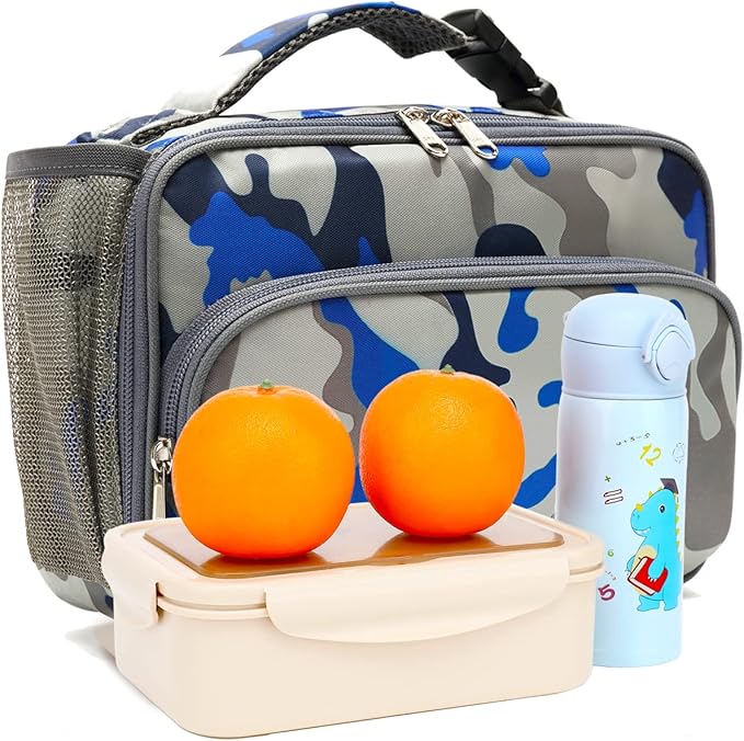FlowFly Kids Lunch box Insulated Soft Bag Mini Cooler Back to School Thermal Meal Tote Kit for Girls, Boys,Blue Camo