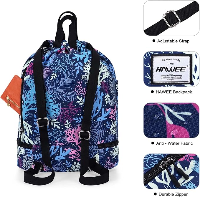 Dry Wet Drawstring Backpack with Shoe Compartment for Women Adjustable Gym Bag