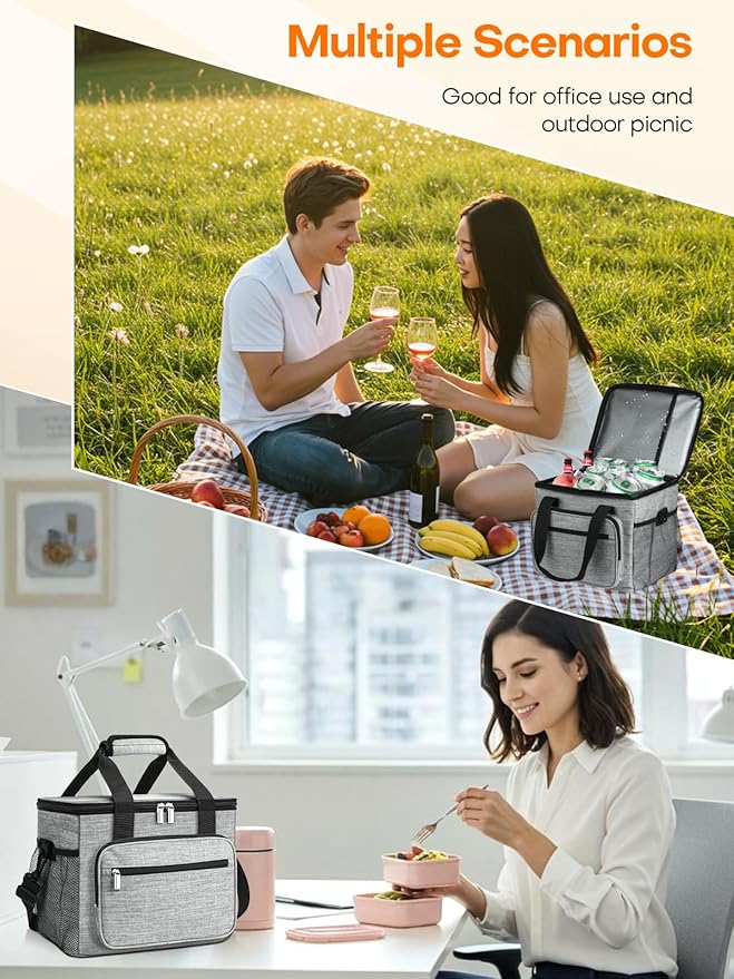 Insulated Lunch Bag, 15L Large Leakproof lunchbag Lunch Boxes for Adult Men Women, Soft Cooler Bags with 6 Pockets and Carabiner Clip for Work Picnic Travel (Gray)