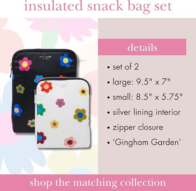kate spade new york Insulated Snack Bag Keeper with Zipper, Reusable Thermal Sandwich Bag Holders for Lunch Bag, Gingham Garden