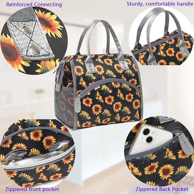 FlowFly Insulated Lunch Bag for Women, Men, Large and Reusable, Handle, Work and Travel Tote and Meal Prep Organizer, SunFlower