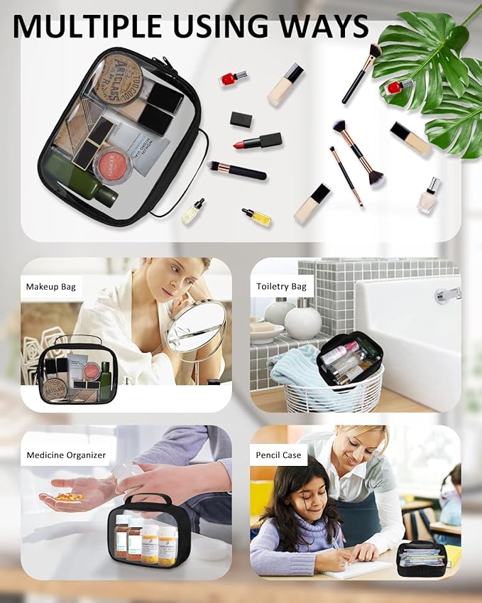 Moyad TSA Approved Clear Toiletry Bag with Handle, 1 Pack Quart Size 3-1-1 Liquids Pouch for Travel, Transparent Makeup & Cosmetic Organizer for Women Men, Black