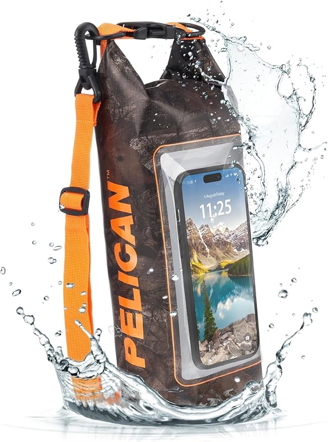 Pelican Marine IP68 Waterproof Dry Bag 2L - Roll Top Waterproof Backpack w/Phone Case/Pouch - Boating & Kayak Accessories - Essentials for Camping Swimming Beach Fishing Rafting Travel - Hunter Camo