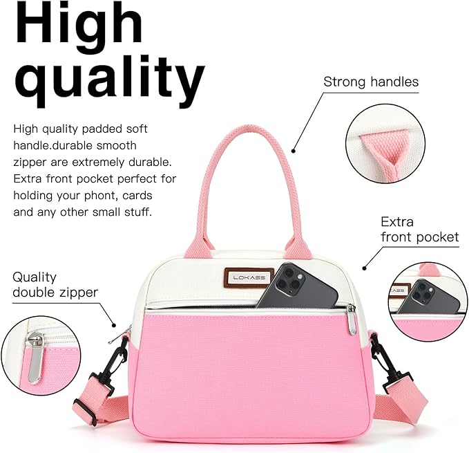 LOKASS Lunch Box for Women-Insulated Adults Lunch Bag with Front Pocket-Small Cute Lunch Tote for Work-Reusable Cooler Bag for Office Picnic Beach or Travel (Pink