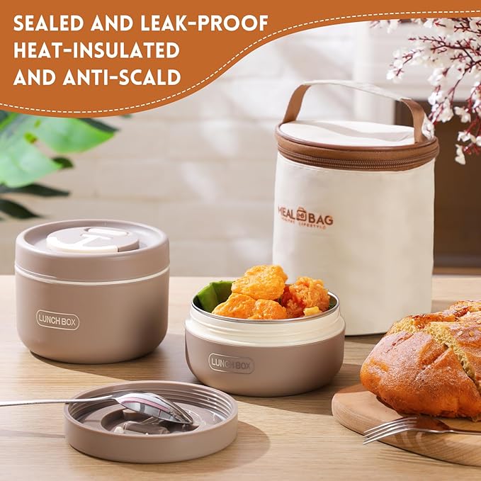 Dandat 2 Pcs Insulated Lunch Containers Thermal Bento Box with Bag Fork Knife Microwavable Stainless Steel Lunch Box 15.2 oz 21 oz Separate Stackable Thermal Food Jar for Adult Men Women(Khaki)