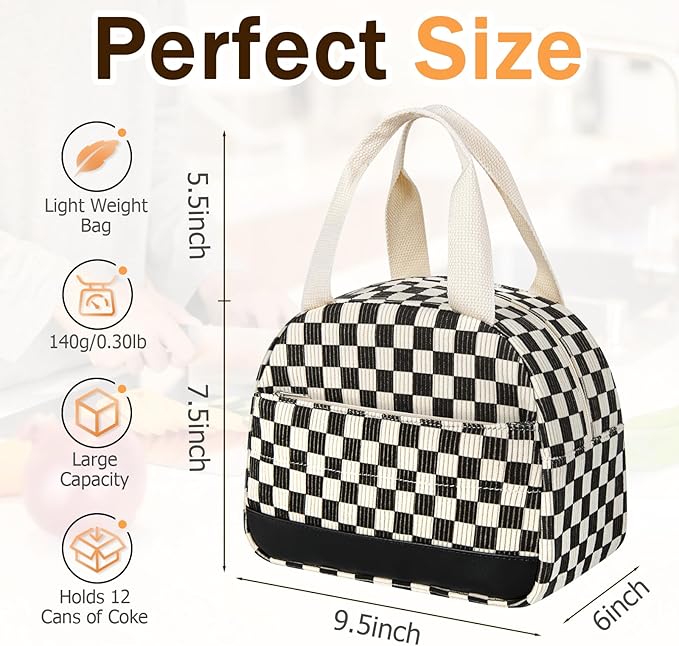 Lunch Box Lunch Bag for Women Men, Leakproof, Insulated Lunch Box Tote with Large Capacity, Lunch Container for Work/Office (Corduroy Black Checkered Pattern)