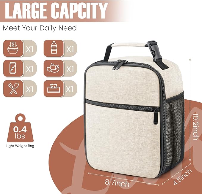 Lunch Bag for Men/Women, Reusable Lunchbox for Adult, Small Insulated Lunch box, Lunch Tote Bag for Office, Work, Picnic - Beige White