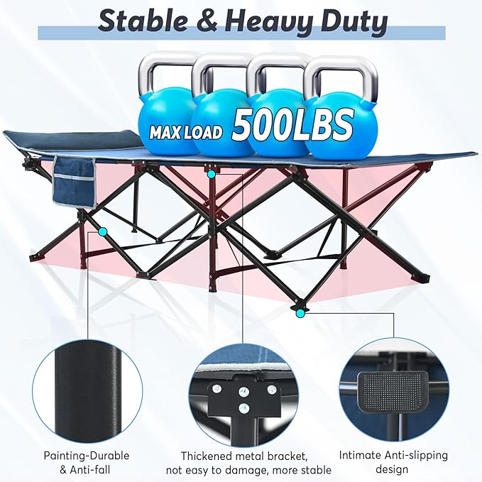 Slendor Oversized XXL Camping Cot, Folding Cot for Adults, 79" L x 32" W x 19" H Sleeping Cot with Mattress, Carry Bag, Camp Cot Bed for Travel, Guest, Support 500lbs, Blue Cot+ Grey Pad