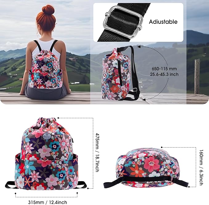 HUA ANGEL Floral Print Drawstring Bag - Lightweight Waterproof Cinch Sackpack with Side Pocket for Men & Women Travel Gym Bag