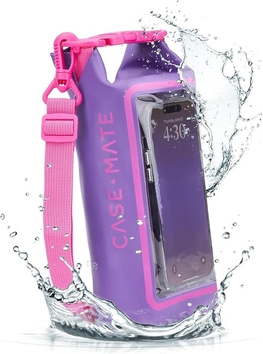 Case-Mate Purple Paradise Mini IP68 Waterproof Bucket Bag - Roll Top Dry Bag 2L Cap with Waterproof Pouch for Swimming Kayaking Boating Travel and More - For Phones Up to 7"