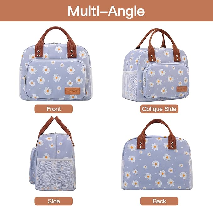 Lunch Bag Women,Insulated Lunch Box Lunch Bag for Women Men Work Adult Cute Small Lunch Tote Bag, Large Capacity Reusable Cooler Containers for Travel Picnic Office or Beach(Blue Daisy)