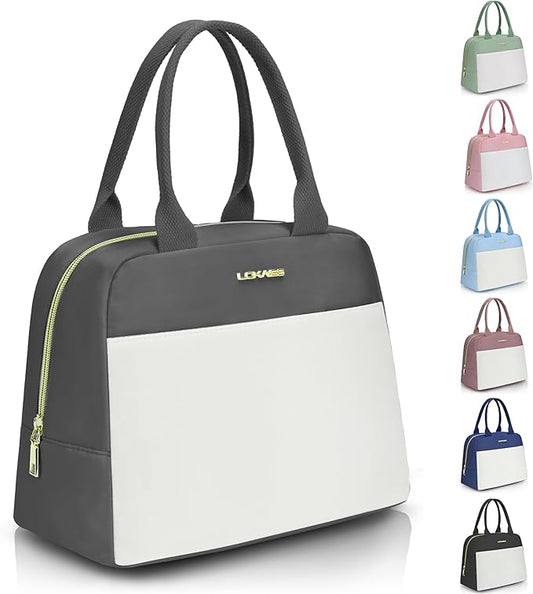LOKASS Lunch Bag for Women-Insulated Adults Lunch Box with Front Pocket- Small Cute Lunch Tote for Work-Reusable Cooler Bag for Office Picnic Beach or Travel (Dark Grey)