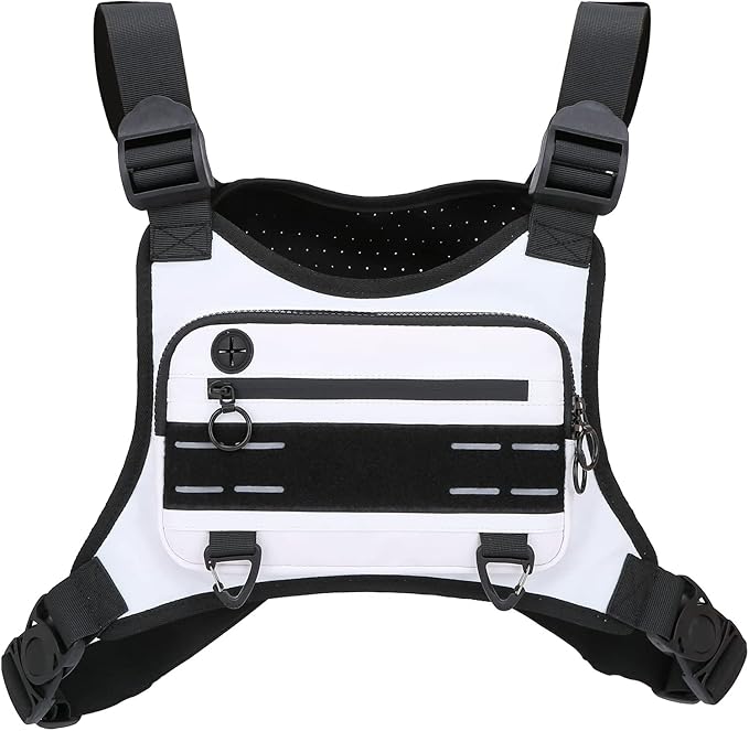 Sports Chest Bag For Men Women, Water Resistant Lightweight Front Chest Pack, Running Vest Bag With Built-In Phone Holder & Extra Storage For Workouts, Running, Cycling (White)