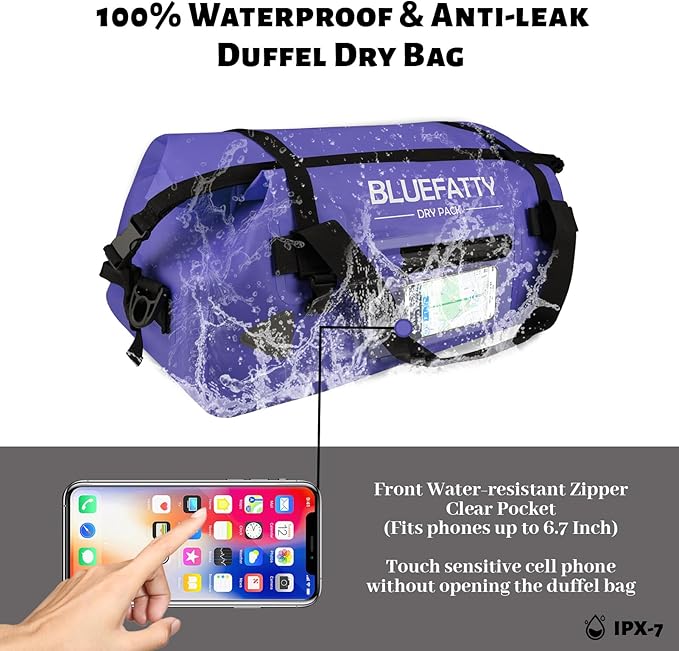 Waterproof Motorcycle Duffel Bag Roll Top Dry Duffel Bag with Quick-fixed Straps for Rafting, Boating, Kayaking, Travel, 50L(Blue)