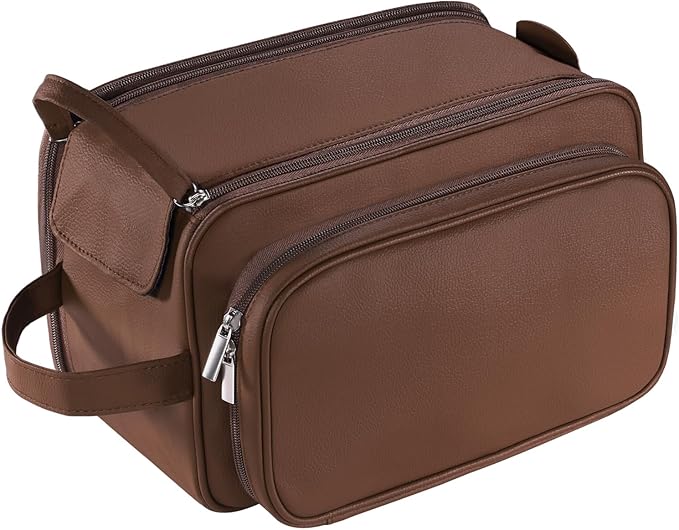 Buruis Extra Large Toiletry Bag for Men, Travel Toiletry Organizer Dopp Kit Water-resistant Shaving Bags, PU Leather Cosmetic Bathroom Shower Bag for Toiletries, Grooming, Accessories (Brown)