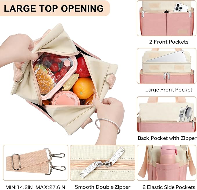 Joymee Lunch Box for Women Insulated Lunch Bag with Shoulder Strap Reusable Leakproof Large Spacious Lunch Cooler Tote for Women Adult with Bottle Holder and Side Pockets for Work Picnic - Pink