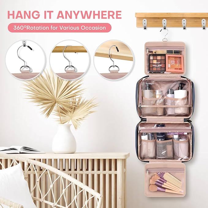 Travel Size Toiletry Bag for Women, Portable Cosmetic Bag with Hanging Hook, Travel Essentials Water-resistant Makeup Organizer for Accessories, Shampoo, Full-size Container, Toiletries