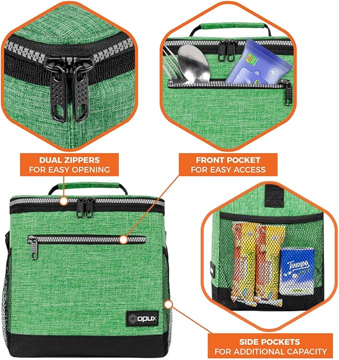 opux Extra Large Insulated Lunch Box Men Women, Lunch Bag for Work, Leakproof Soft Cooler Tote Adult, Lunch Pail, Picnic Beach Collapsible Food Bag with Shoulder Strap, Heather Green